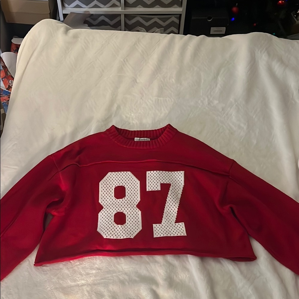 Red Cropped Sweater with Number Design